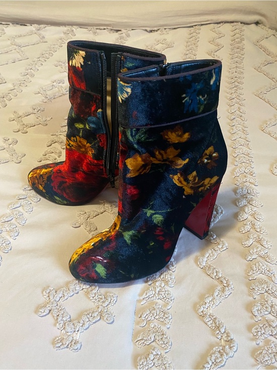 Christian Louboutin Shoes - Christian Louboutin Floral Velvet Block Heel Ankle Boots - Black Multi